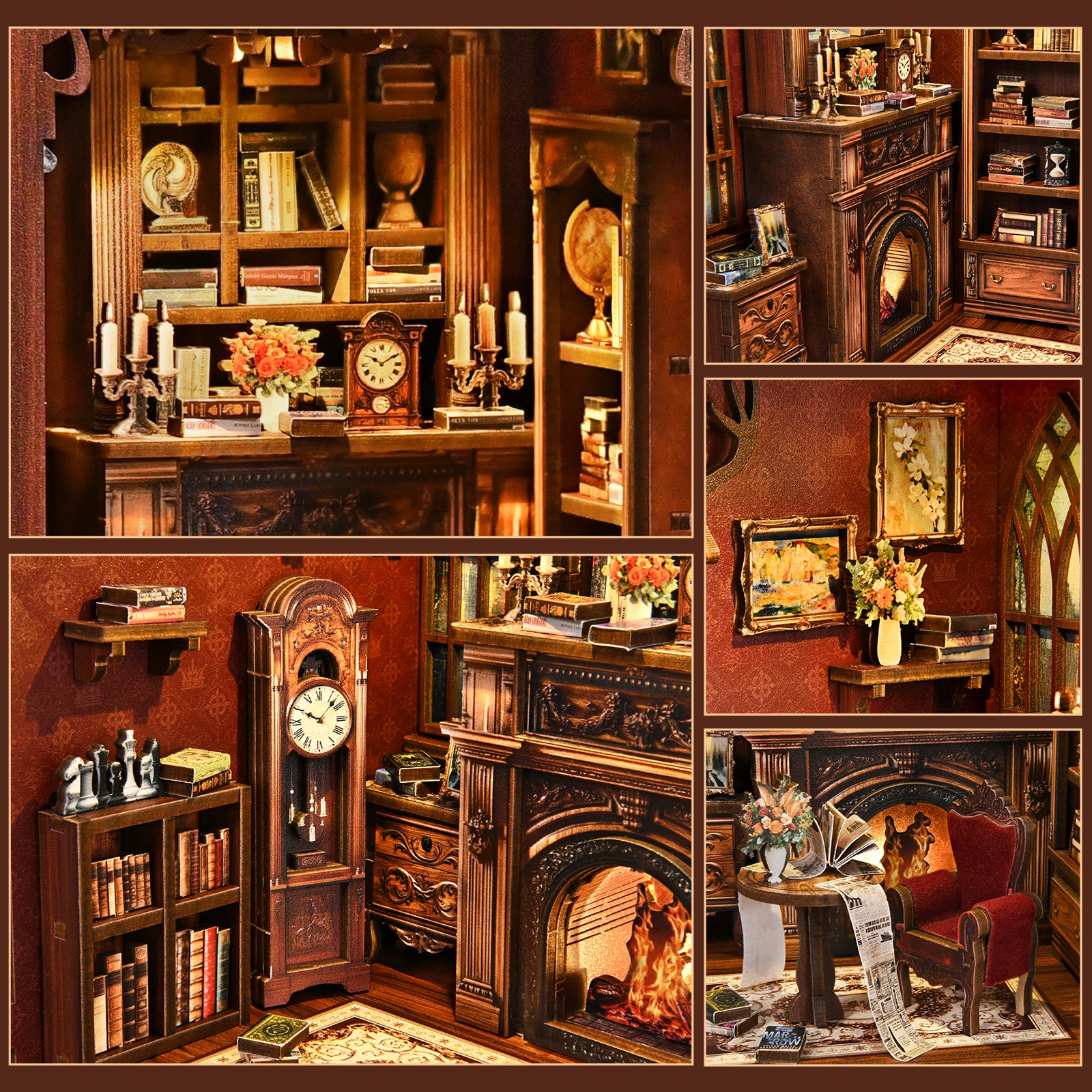 Collage of illuminated mini library rooms with shelves, fireplace, clock, and decorative table