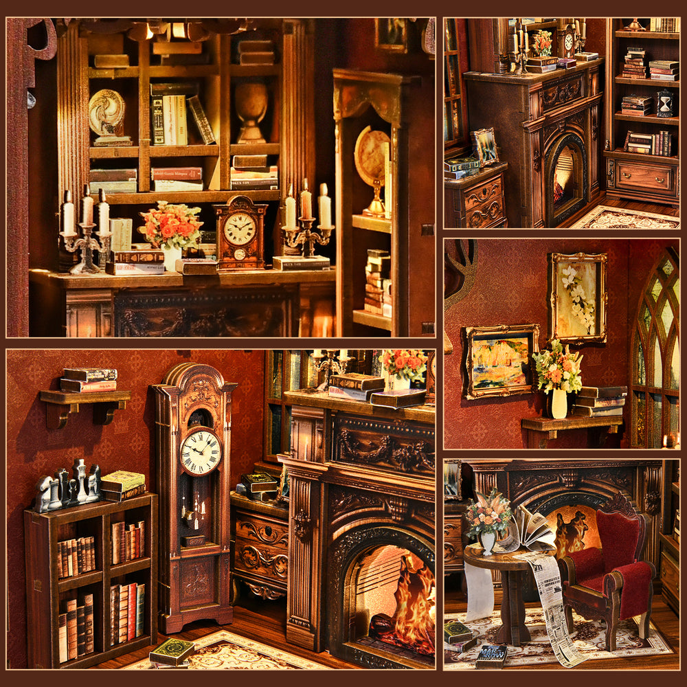 Collage of illuminated mini library rooms with shelves, fireplace, clock, and decorative table