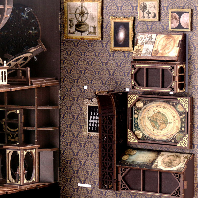 Astronomy DIY book nook kit, close view of wall shelves, instruments, and clock details