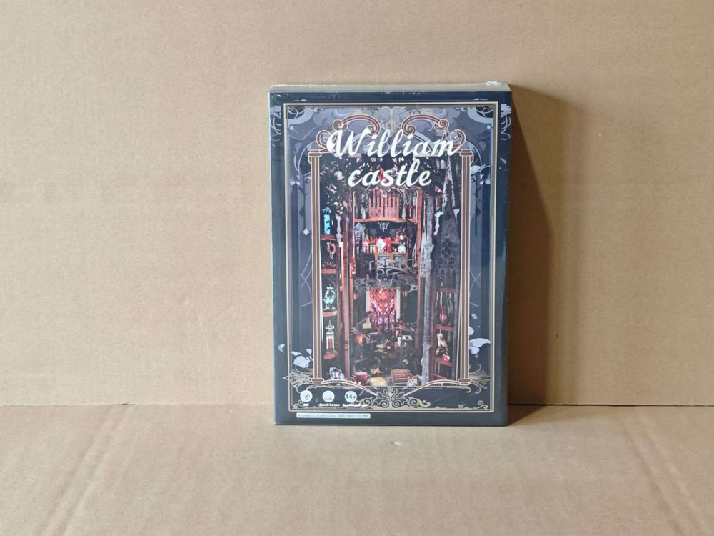 Miniature castle bookshelf kit box, blue cover with William Castle artwork