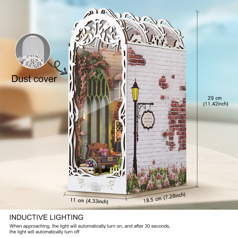 Miniature book nook kit dust cover piece with white arched lattice and garden scene