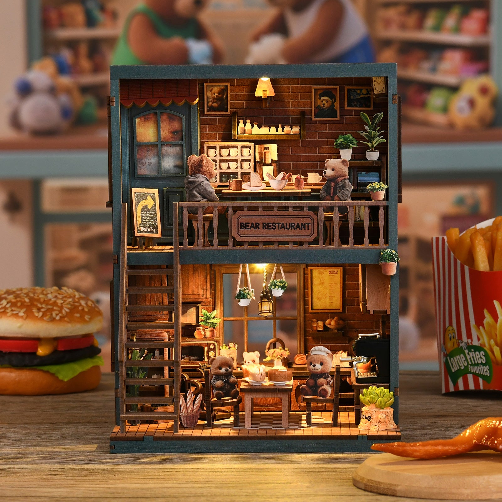 A miniature model of a bear restaurant, featuring a cozy interior with a dining table, chairs, and various miniature figures of bears and other animals. The restaurant is illuminated, creating a warm and inviting atmosphere.