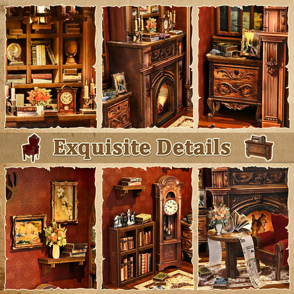 Collage highlighting detailed miniature library furniture, fireplace, shelves, and clock