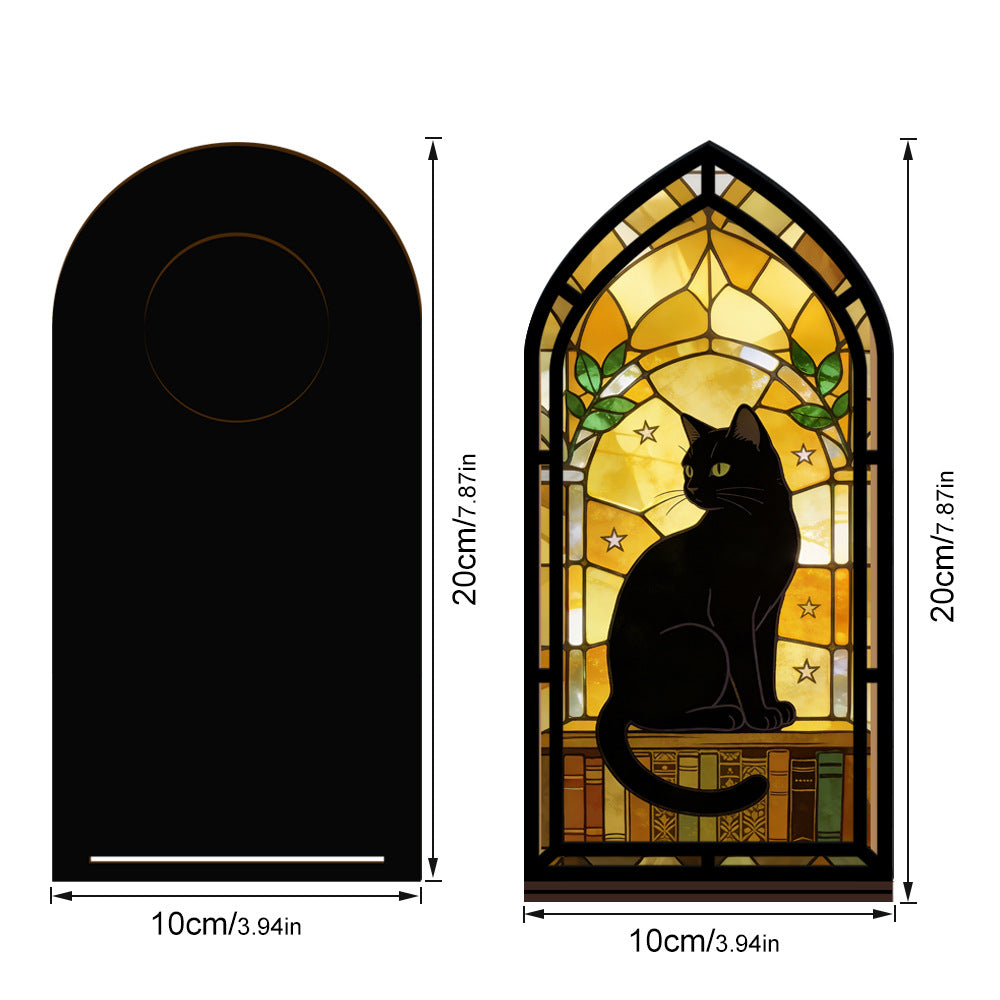 Size diagram of arched black cat book nook with warm glowing window