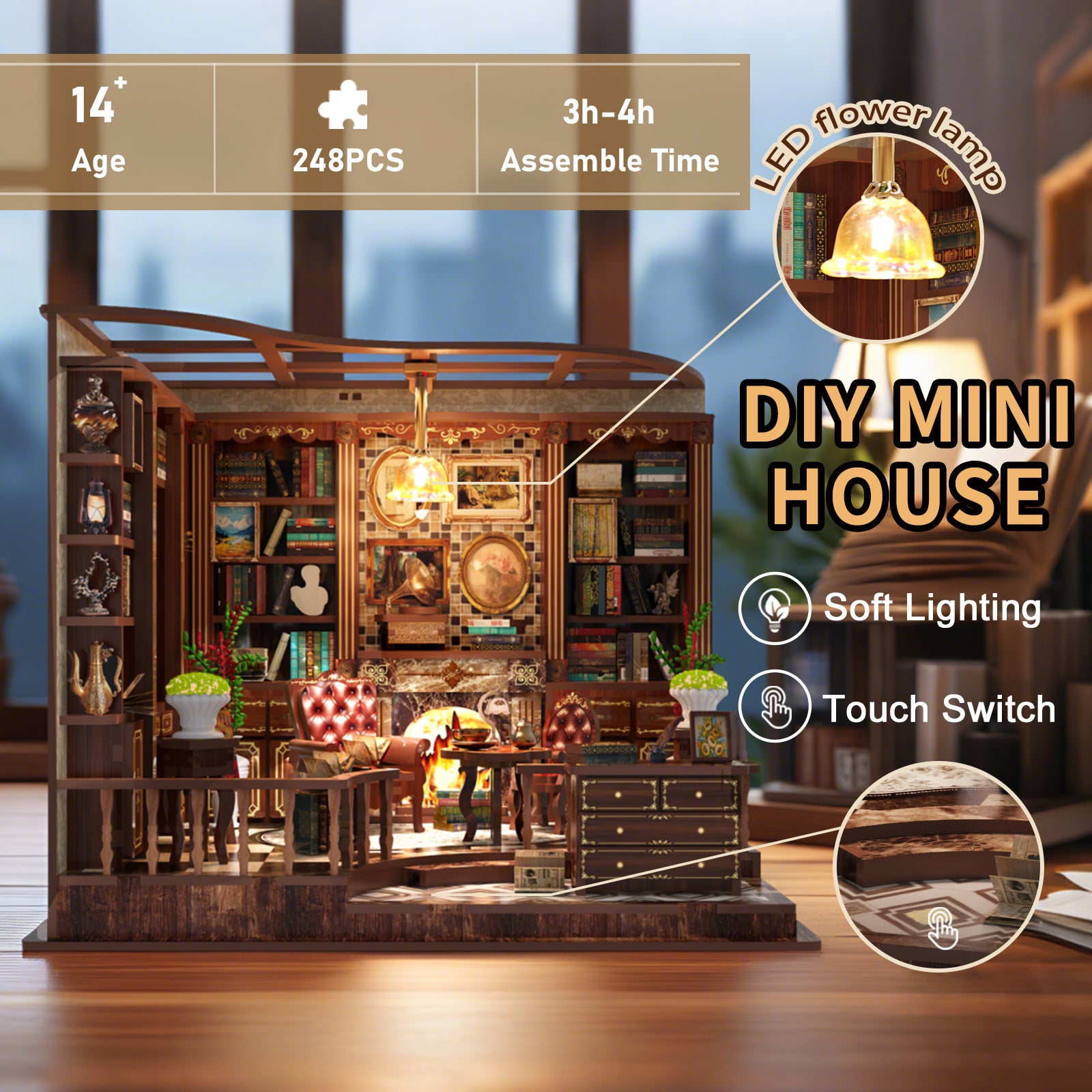 DIY mini house kit interior with warm hanging lamp glow, fireplace, and detailed cabinets