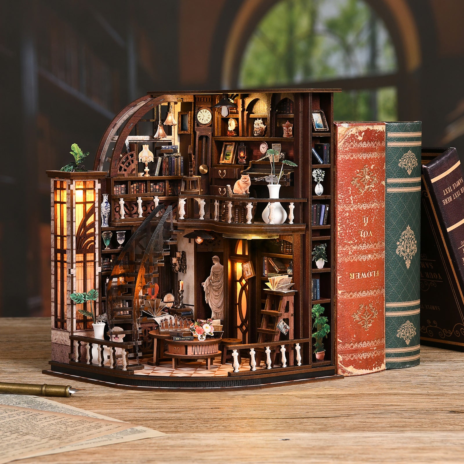 Miniature wooden bookstore dollhouse model with books and warm lit interior shelves