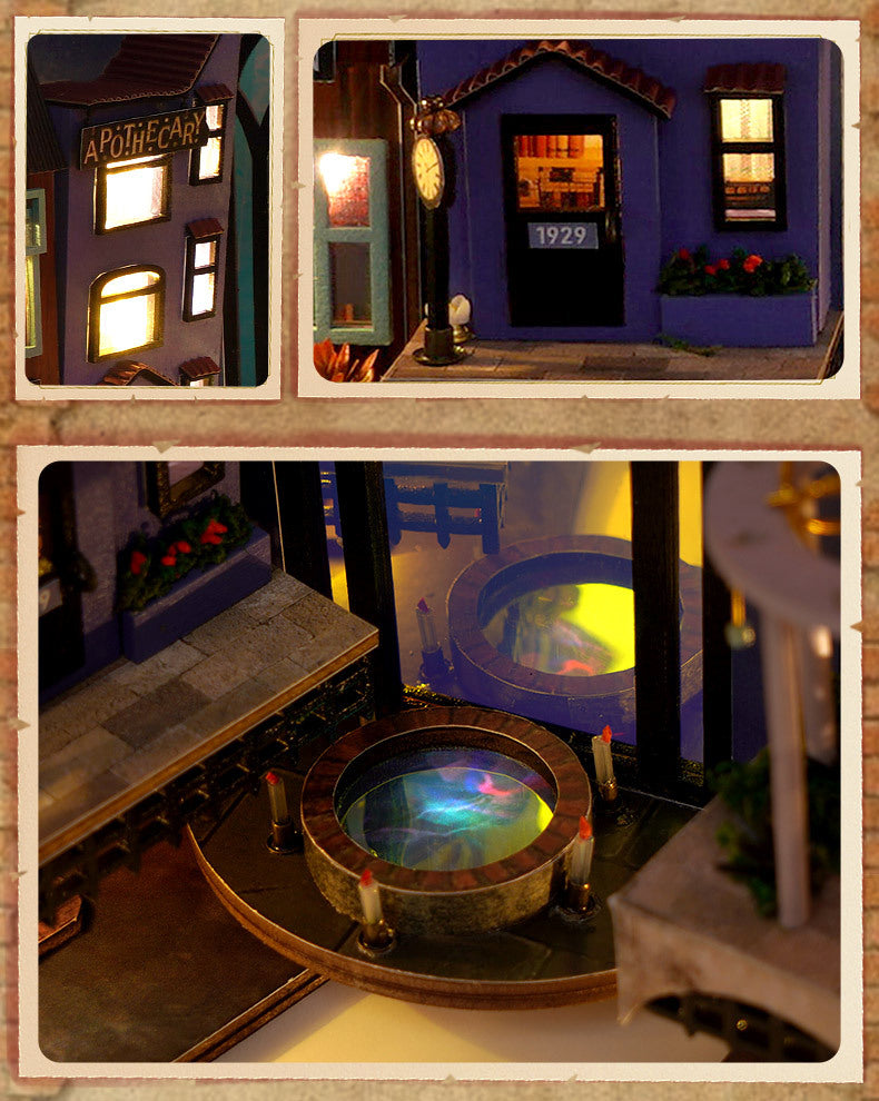 Miniature book nook interior scenes with lit bookshelf wall and glowing round window