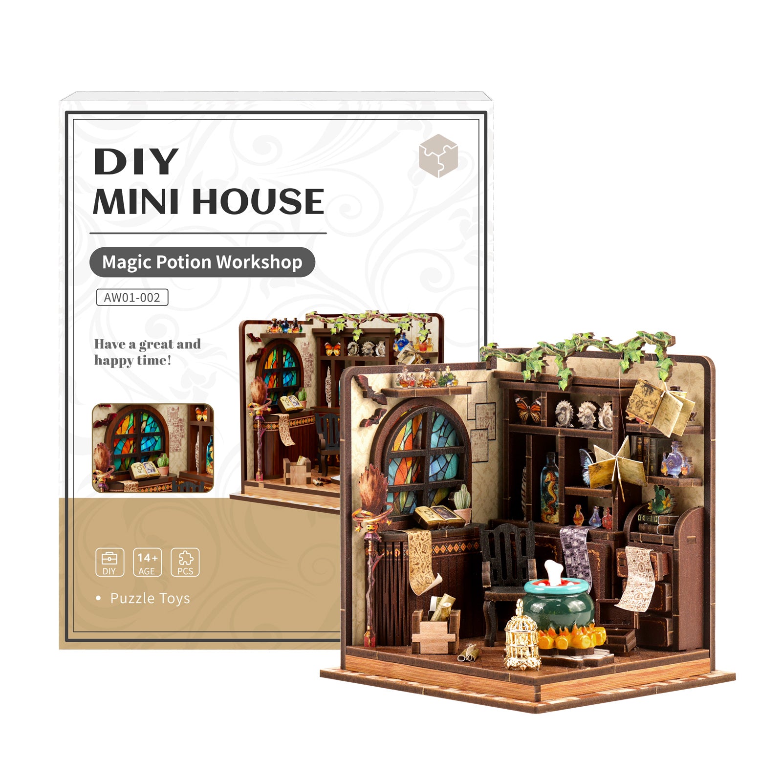 DIY miniature house kit packaging with labeled front panel and built miniature room inside