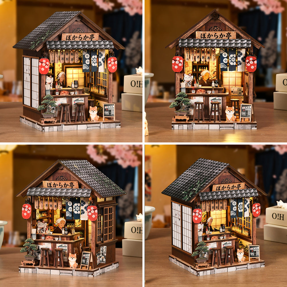 Miniature wooden pub book nook house shown from multiple angles with lit interior
