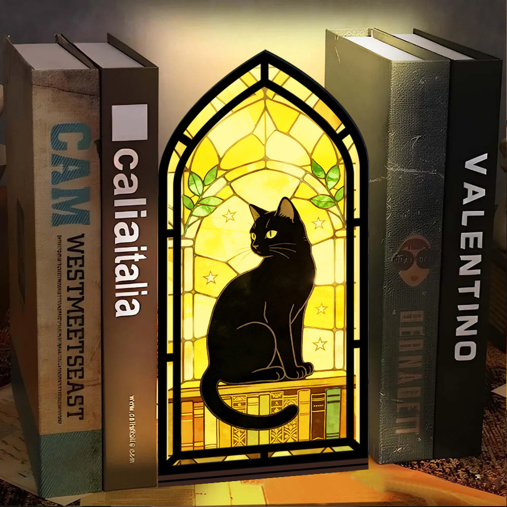 Arched black cat book nook with warm glowing window in front of books