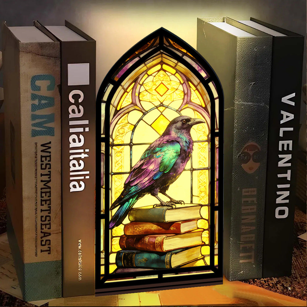 Glowing arched book nook with stained-glass raven perched on stacked books, black frame