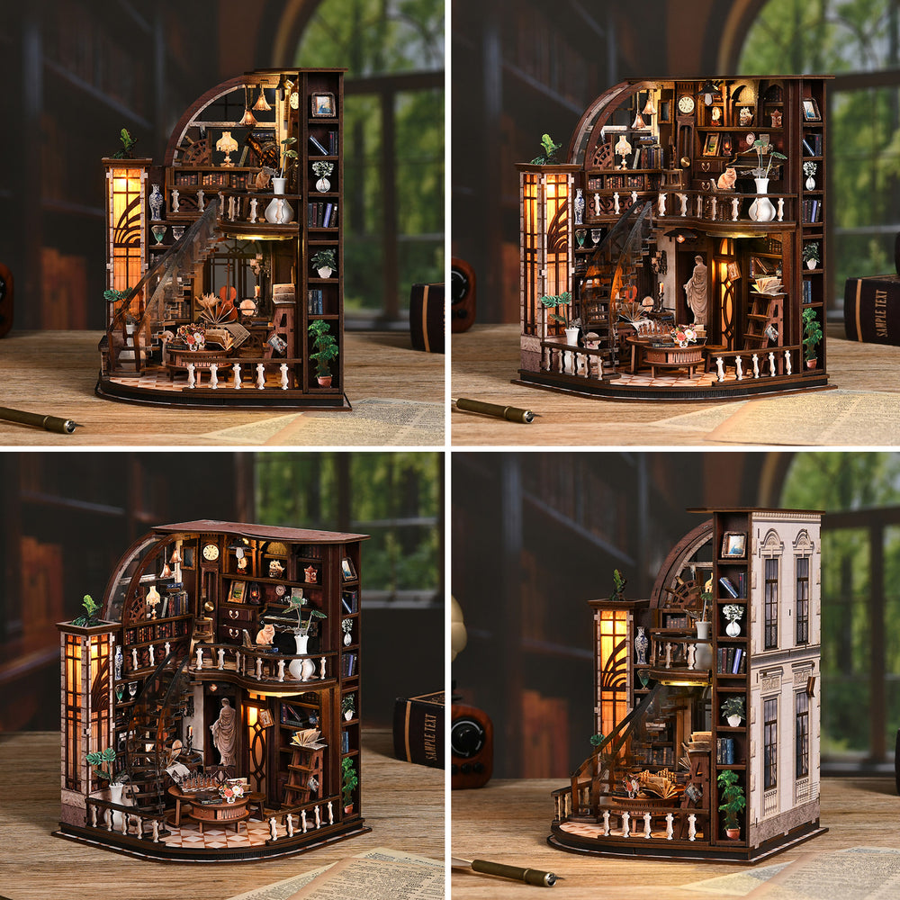 Miniature wooden bookstore dollhouse shown from multiple angles with lit shelves