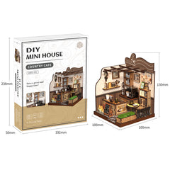 DIY mini house kit box for country cafe with illustrated miniature coffee shop layout