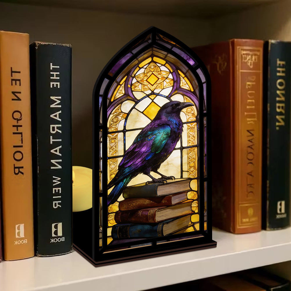Shelf-ready arched glowing book nook with stained-glass raven perched on stacked books
