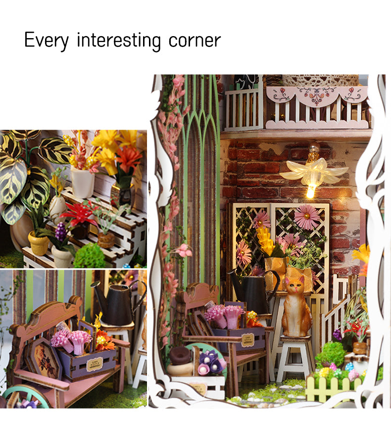 Flower House DIY Miniature Book Nook Kit (Mini Garden and Greenhouse scene, Bookshelf Insert, Craft Gift)