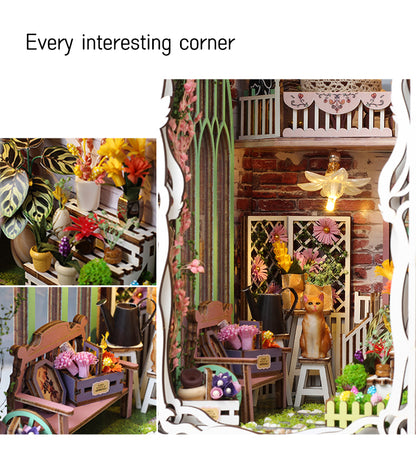Flower House DIY Miniature Book Nook Kit (Mini Garden and Greenhouse scene, Bookshelf Insert, Craft Gift)