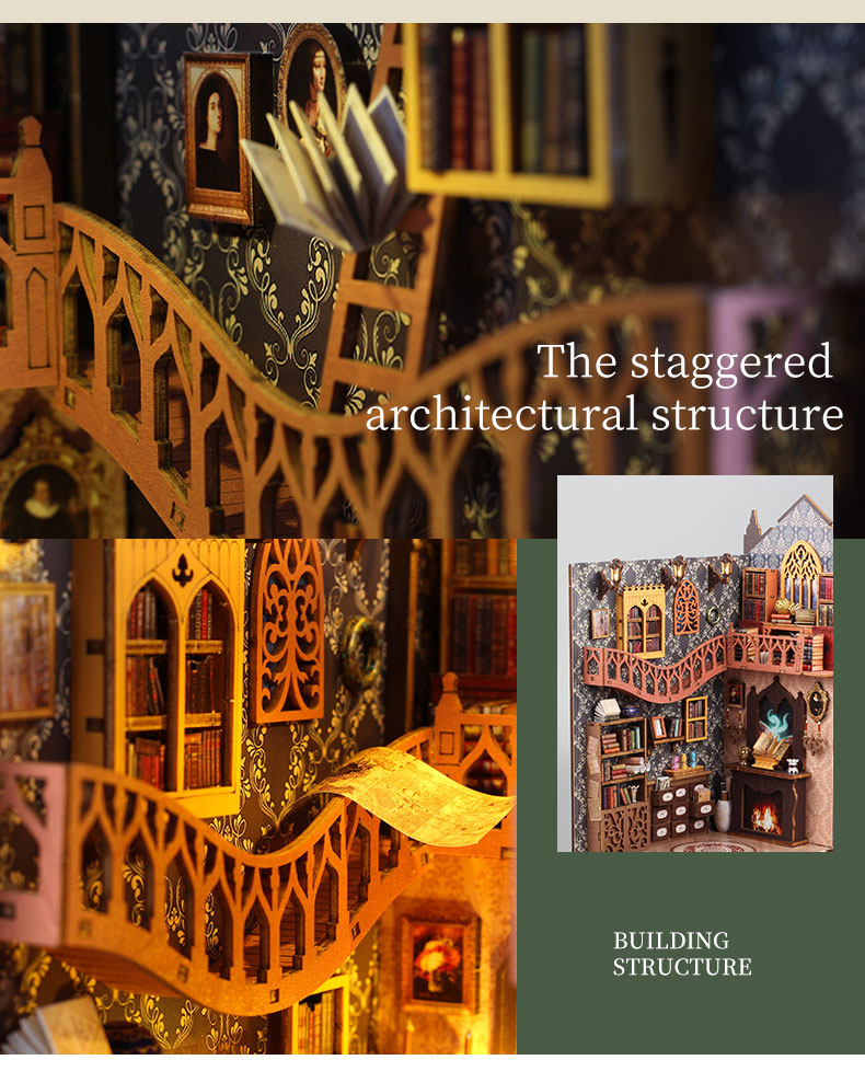 Miniature library diorama interior with ornate balcony railing and warm light