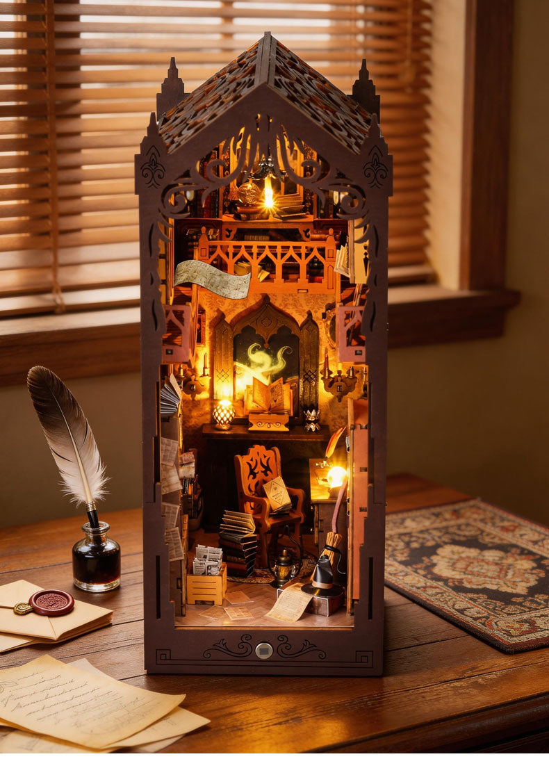 Miniature book nook diorama cabinet with illuminated interior and tiny books and lanterns