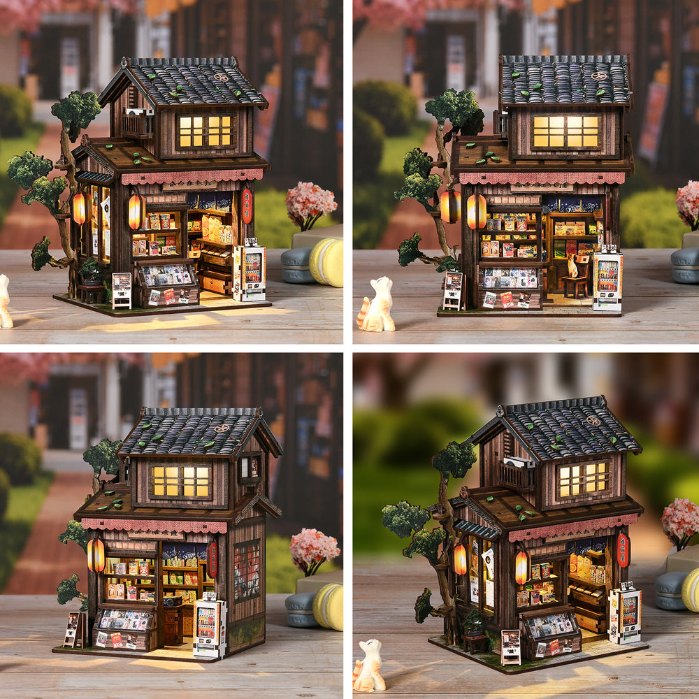 Miniature wooden grocery store model shown from multiple angles, with lit windows