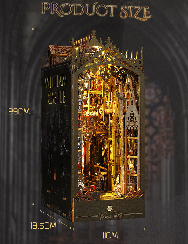 Product size card for miniature castle bookshelf kit, with dimensions in cm