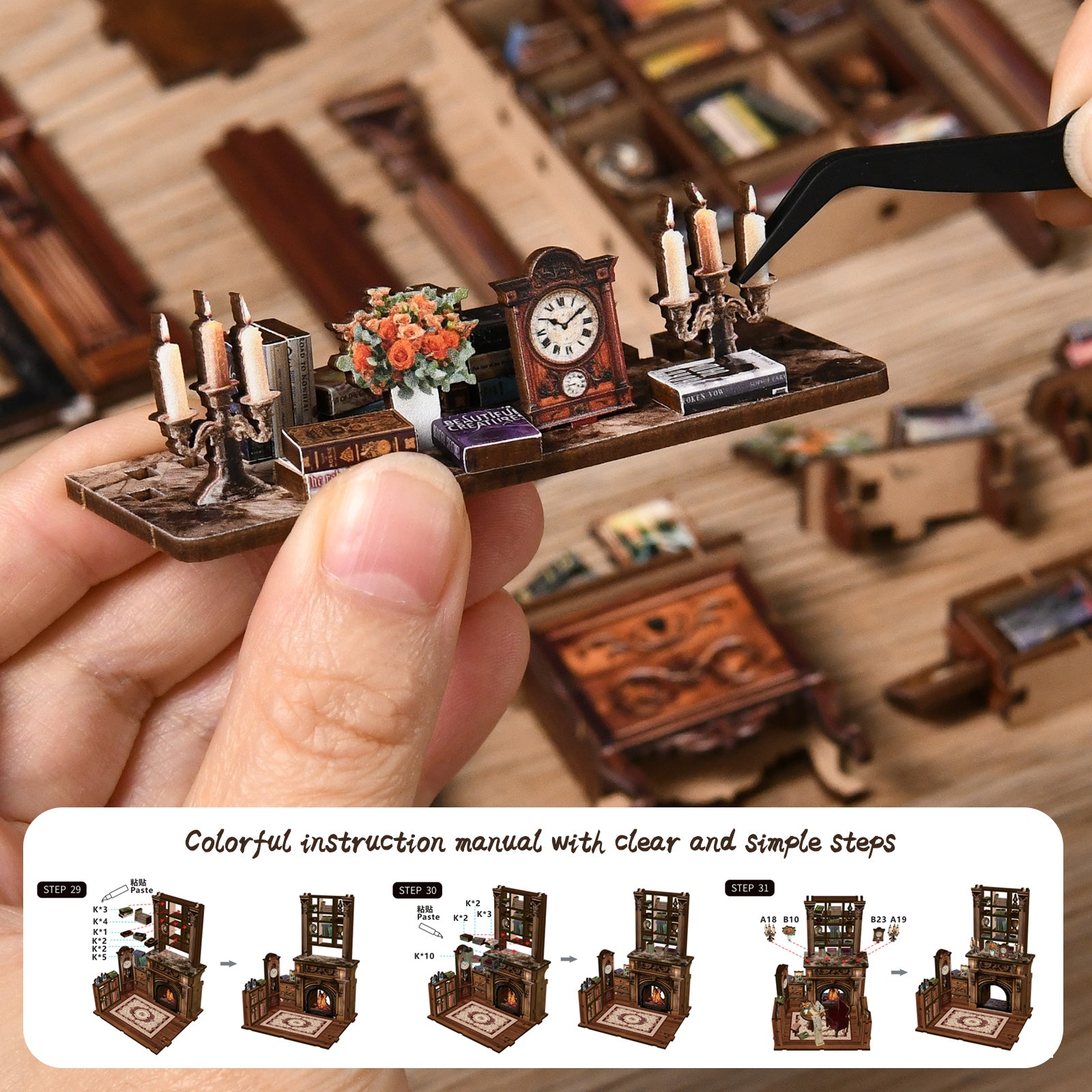 Hand holding a small illuminated miniature base with candles and clock; manual steps shown