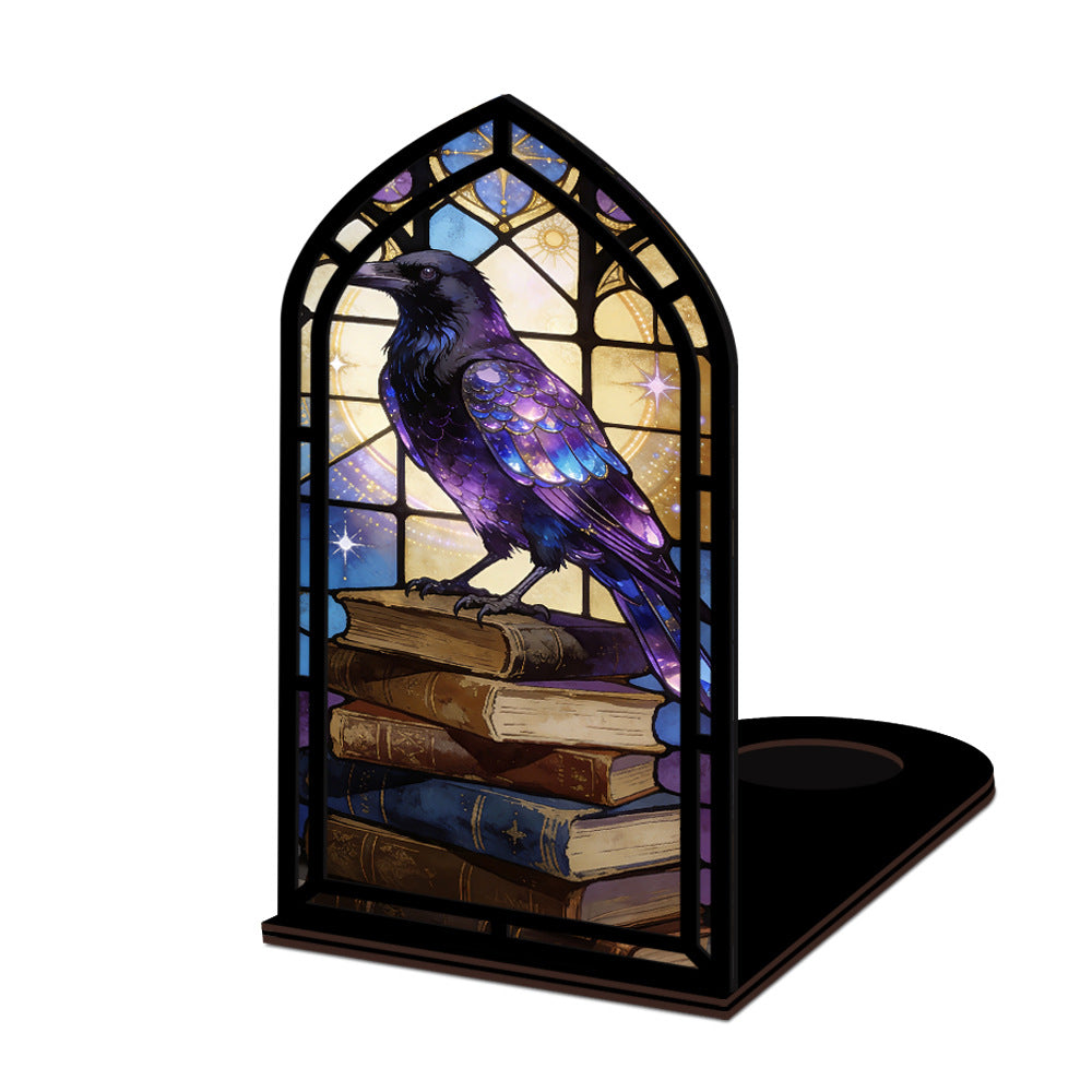 Arched book nook candle display with purple raven and black candle base