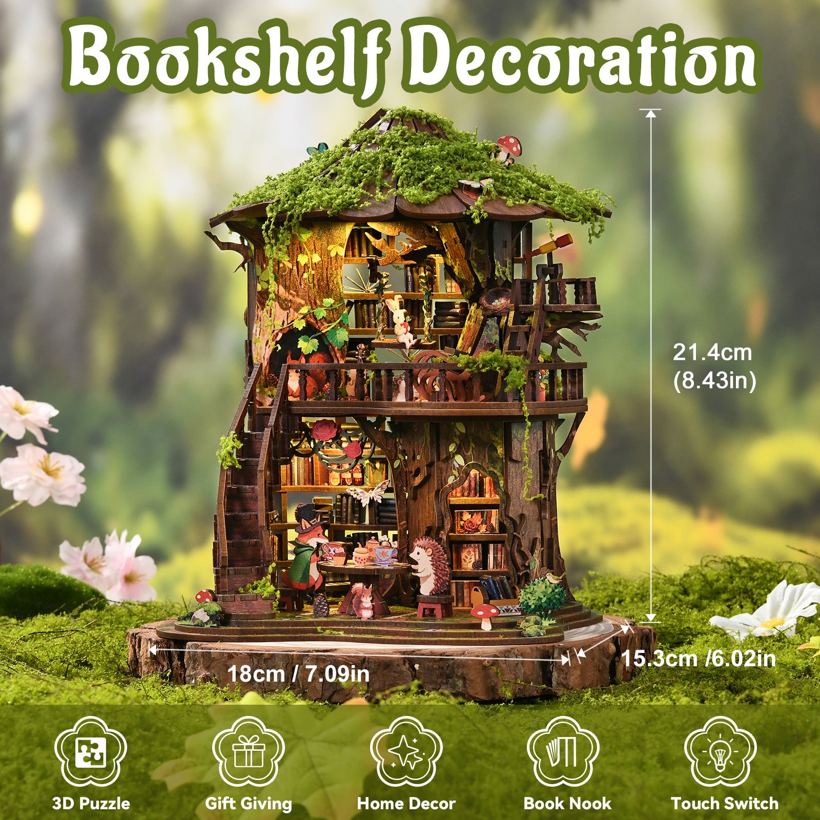Treehouse bookshelf decoration diorama with moss roof, tiny figures, and lit shelves