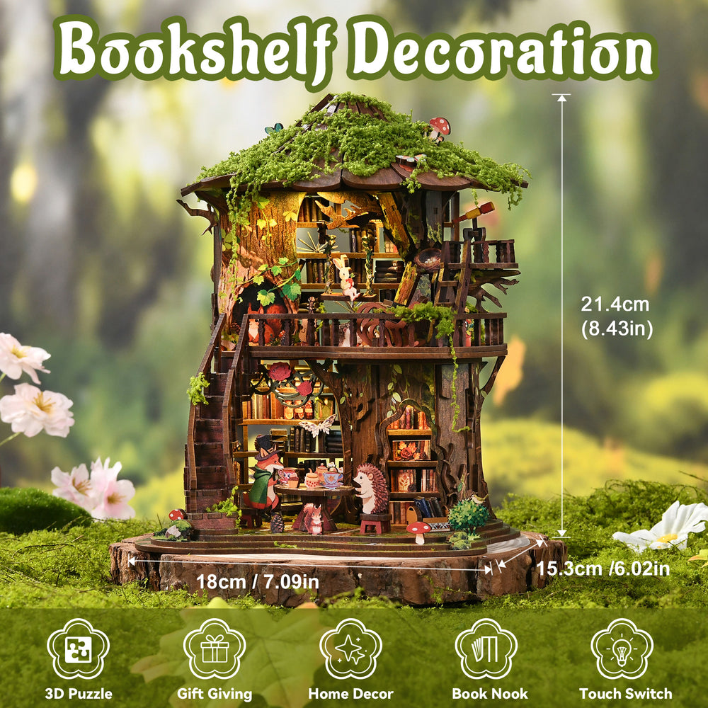 Treehouse bookshelf decoration diorama with moss roof, tiny figures, and lit shelves
