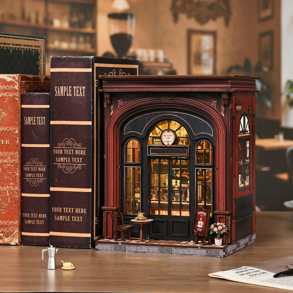 DIY book nook coffee shop miniature with arched entrance, side books, and tabletop display