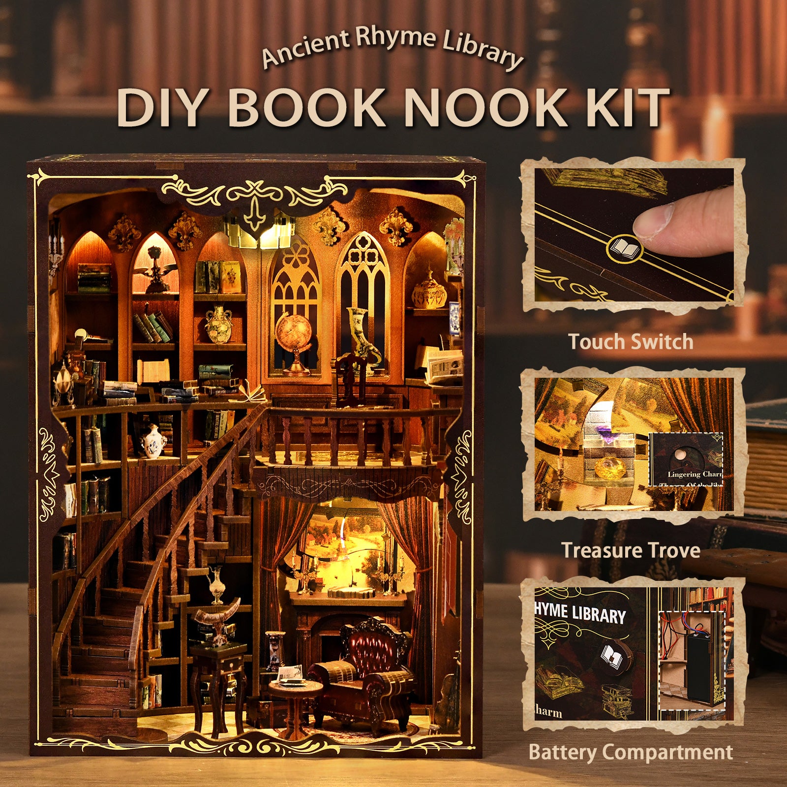 DIY book nook kit box showing interior scene and feature icons like touch switch
