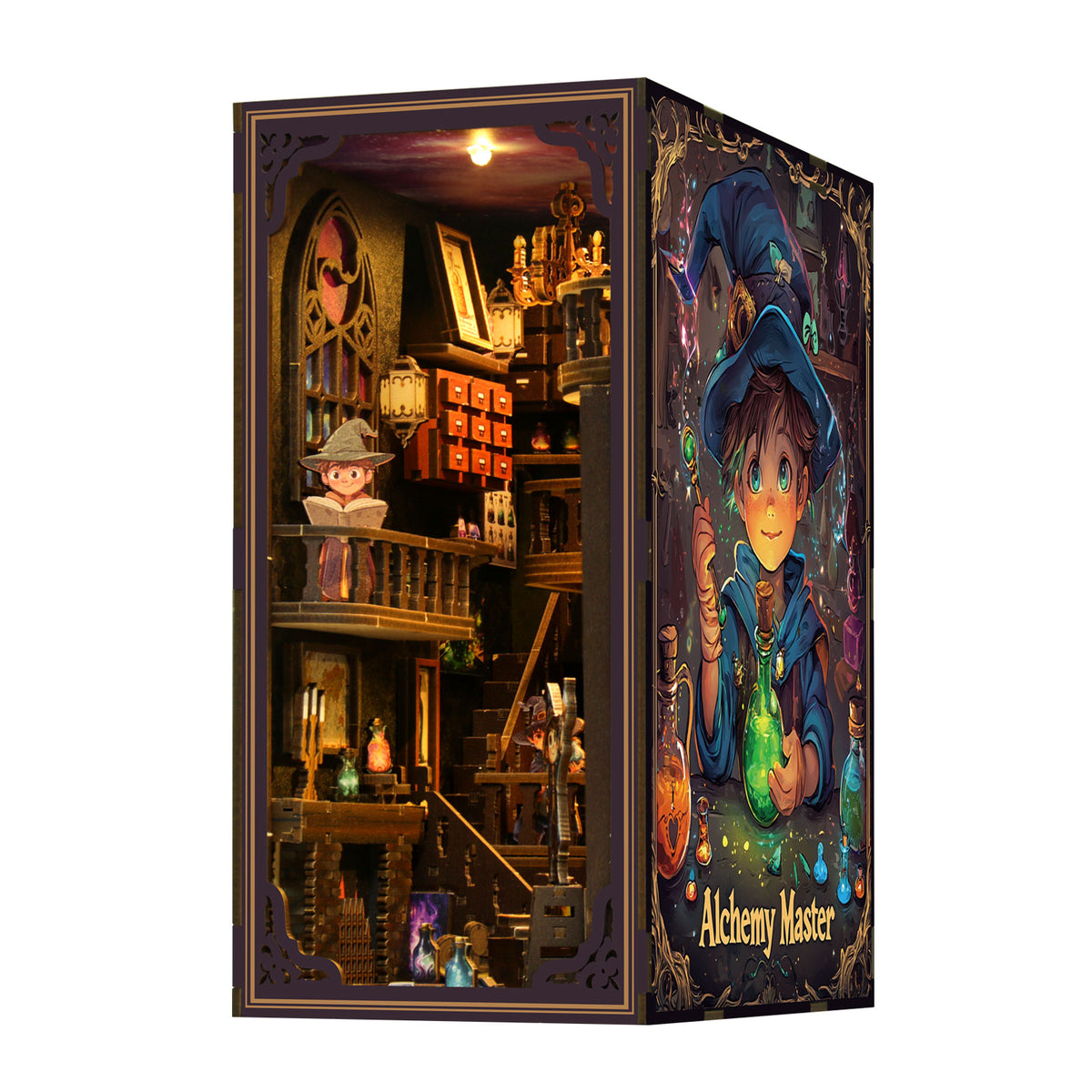 DIY book nook kit display box with lit miniature rooms and character shelves