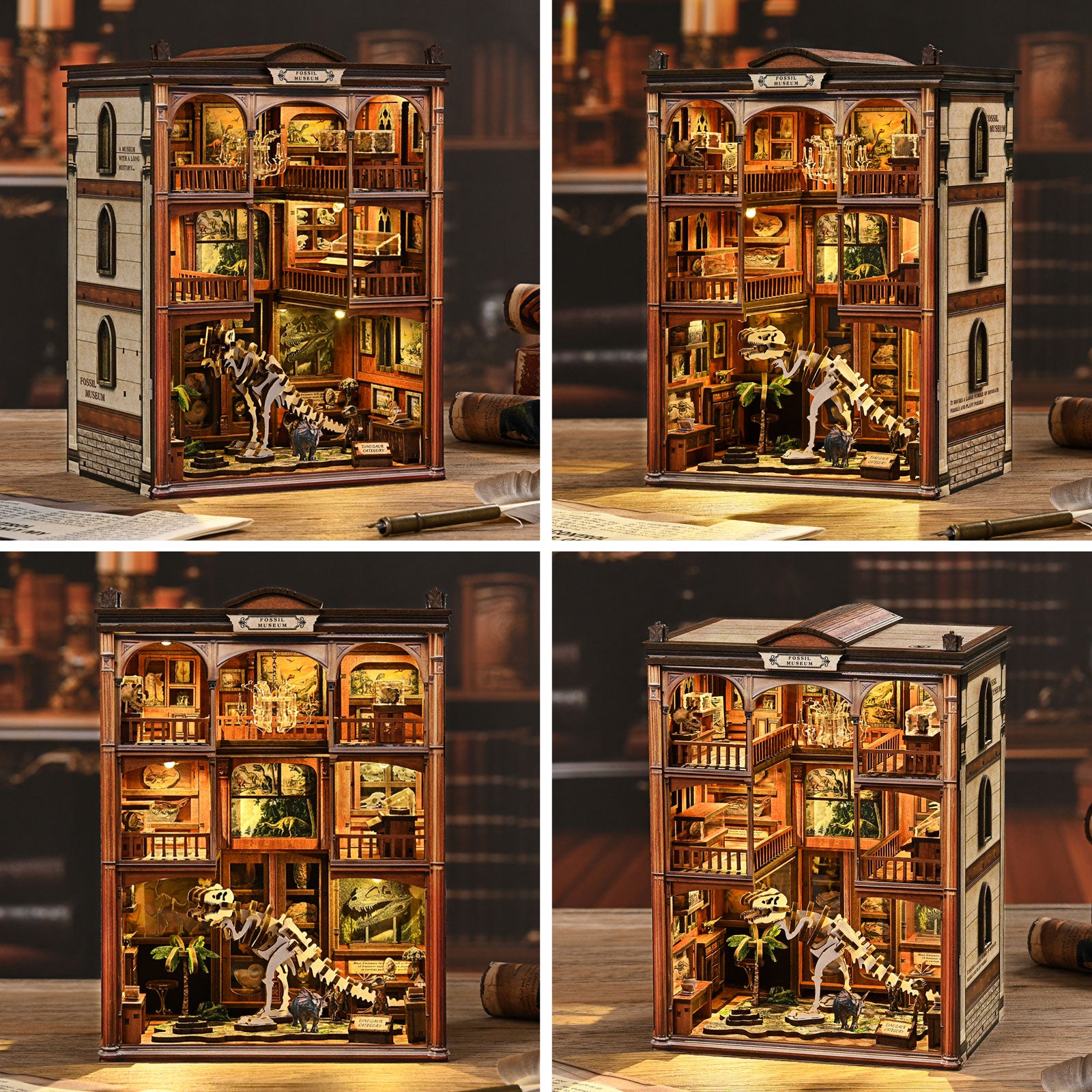 DIY miniature kit shown from multiple angles, with arched rooms and dinosaur skeleton models