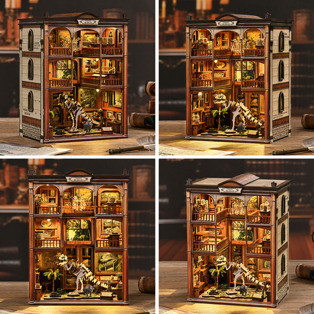DIY miniature kit shown from multiple angles, with arched rooms and dinosaur skeleton models