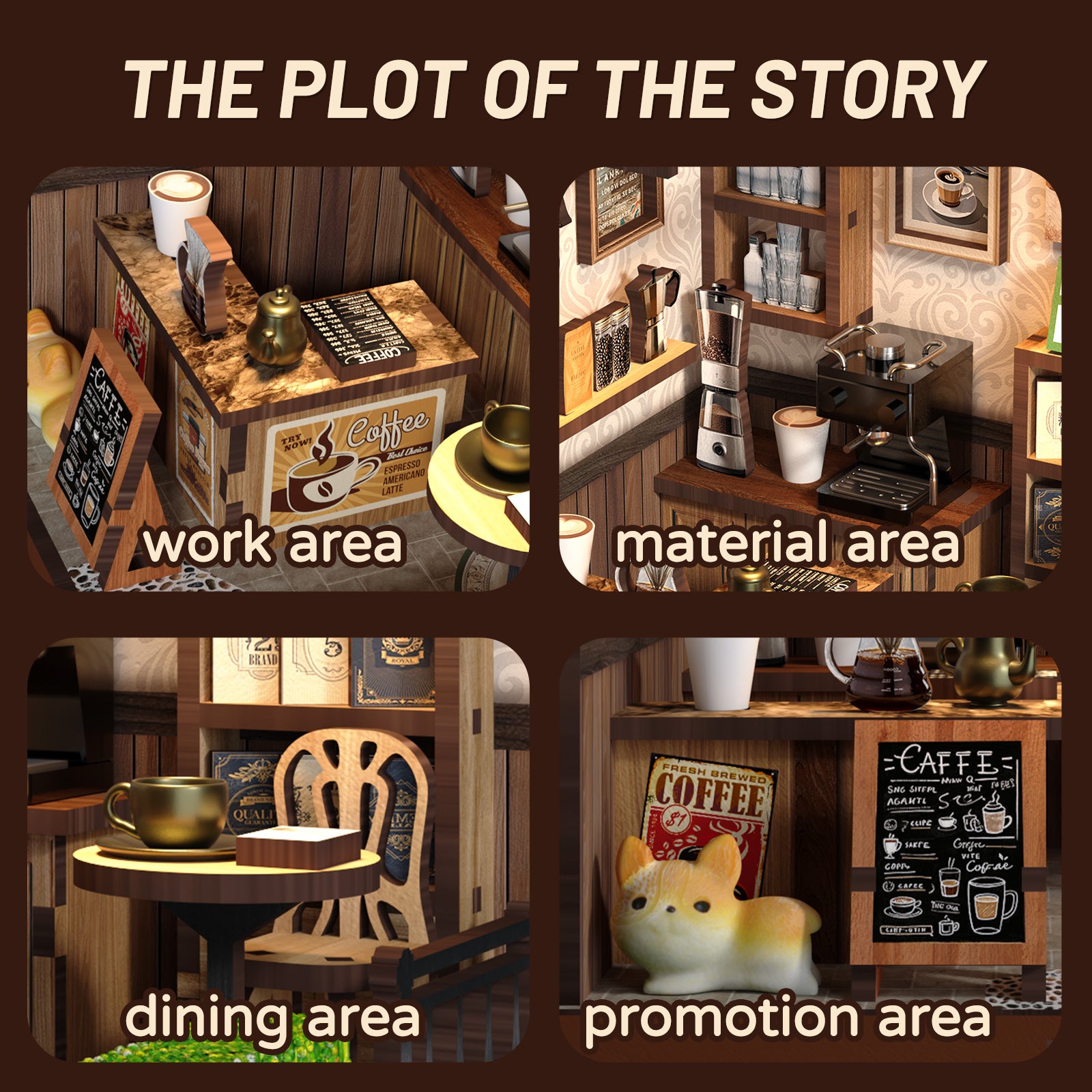 Miniature coffee shop kit layout showing work, dining, and promotion sections