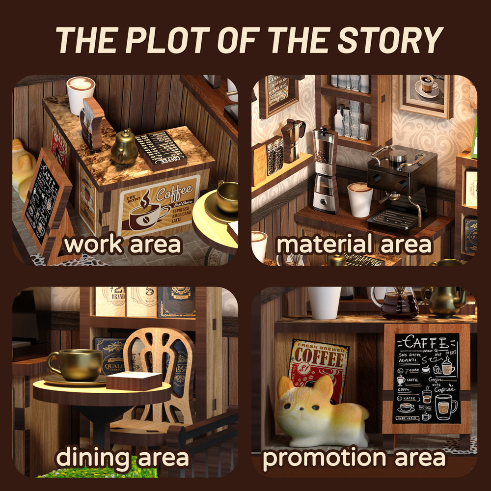 Miniature coffee shop kit layout showing work, dining, and promotion sections