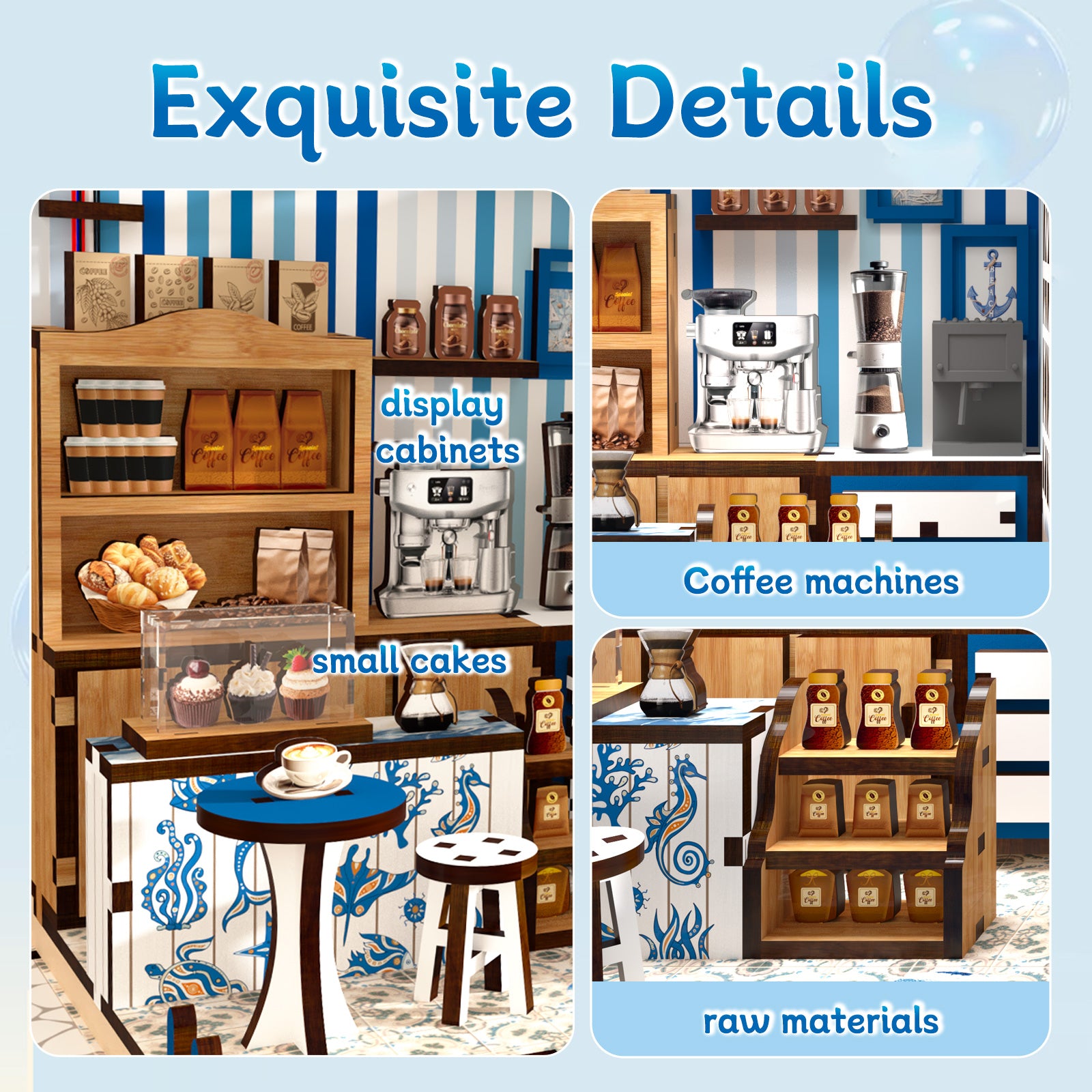 DIY miniature coffee shop house kit details: coffee machines, display shelves, raw materials
