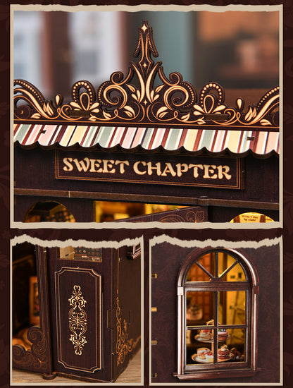The image is a collage of three photos depicting a wooden storefront with a sign that reads "Sweet Chapter". The storefront has an ornate, decorative design with a pointed roof and arched windows.