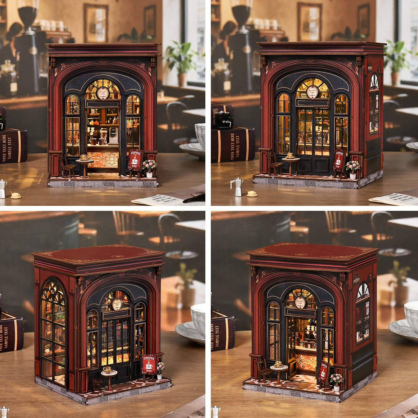 DIY book nook coffee shop miniature shown in multiple angles on a wooden base