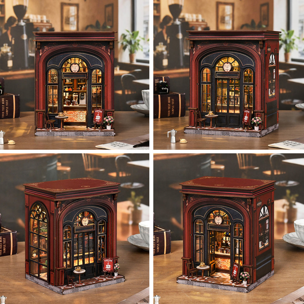 DIY book nook coffee shop miniature shown in multiple angles on a wooden base