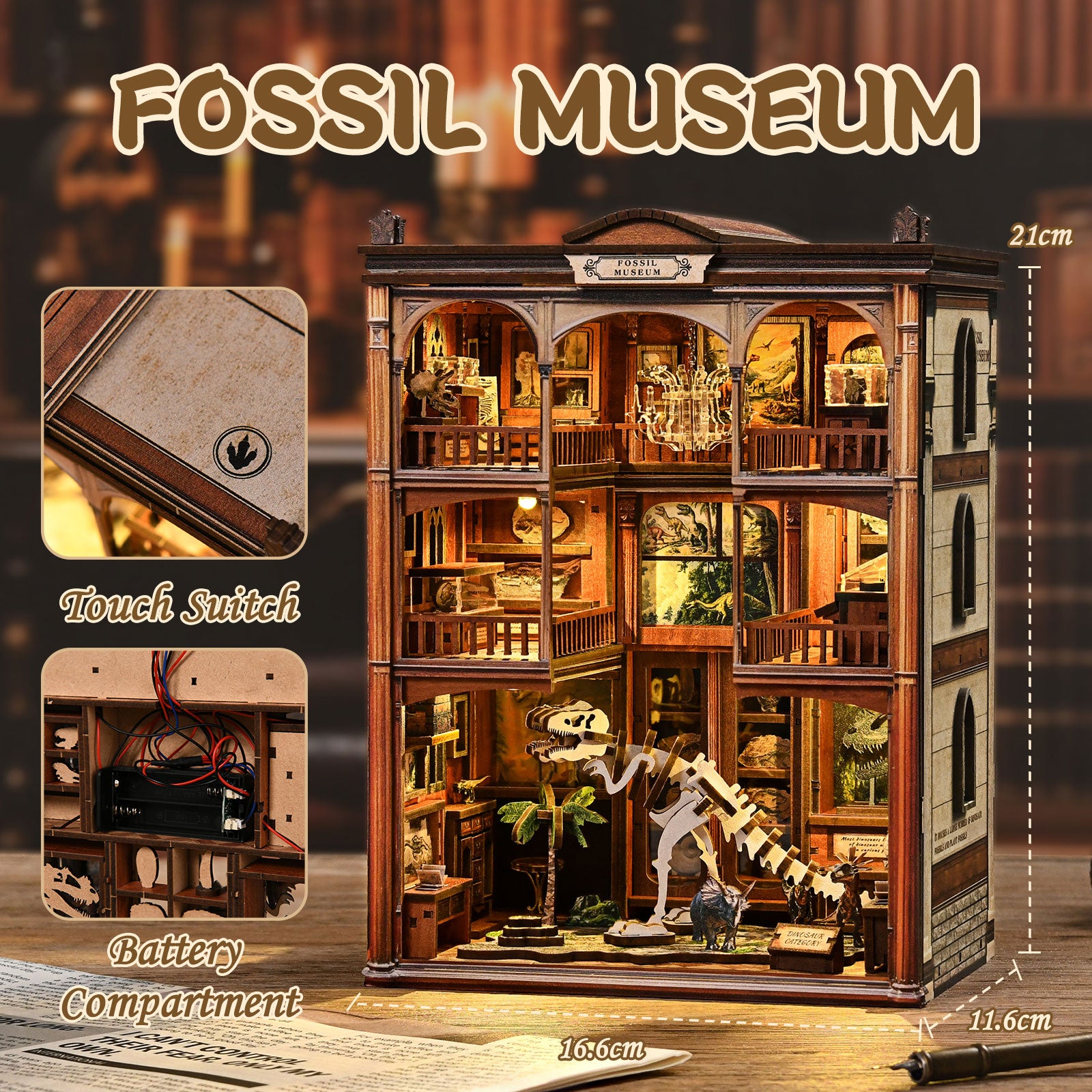 DIY miniature kit building on tabletop with dinosaur skeletons and mini fossil-style displays
