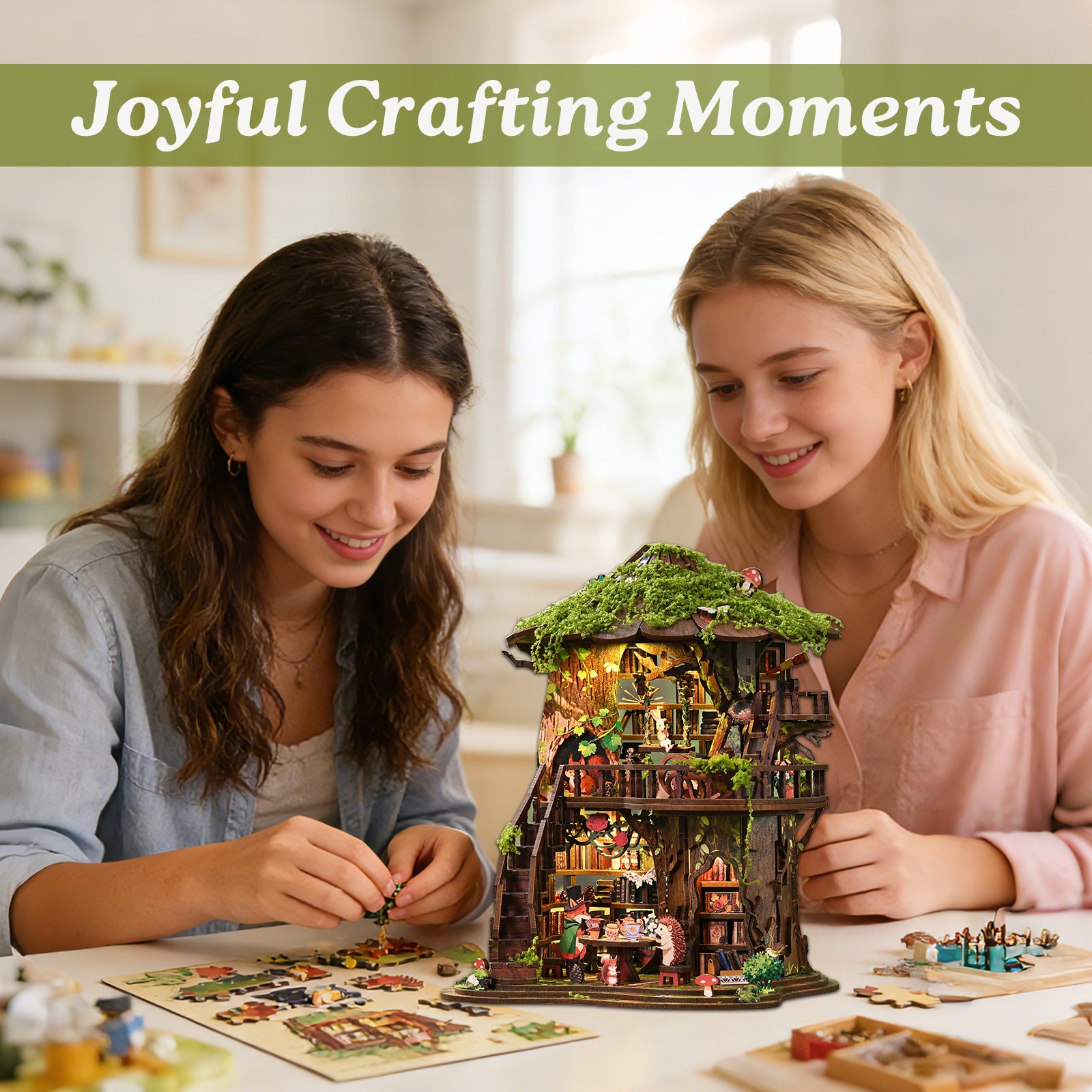 DIY miniature tree house kit with many tiny furniture pieces on the table