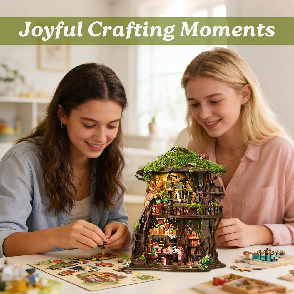 DIY miniature tree house kit with many tiny furniture pieces on the table