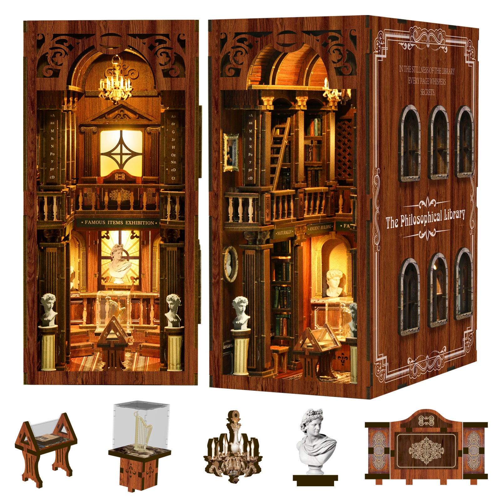Wooden DIY book nook kit with open front view and side wall panel details