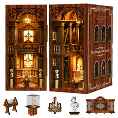 Wooden DIY book nook kit with open front view and side wall panel details