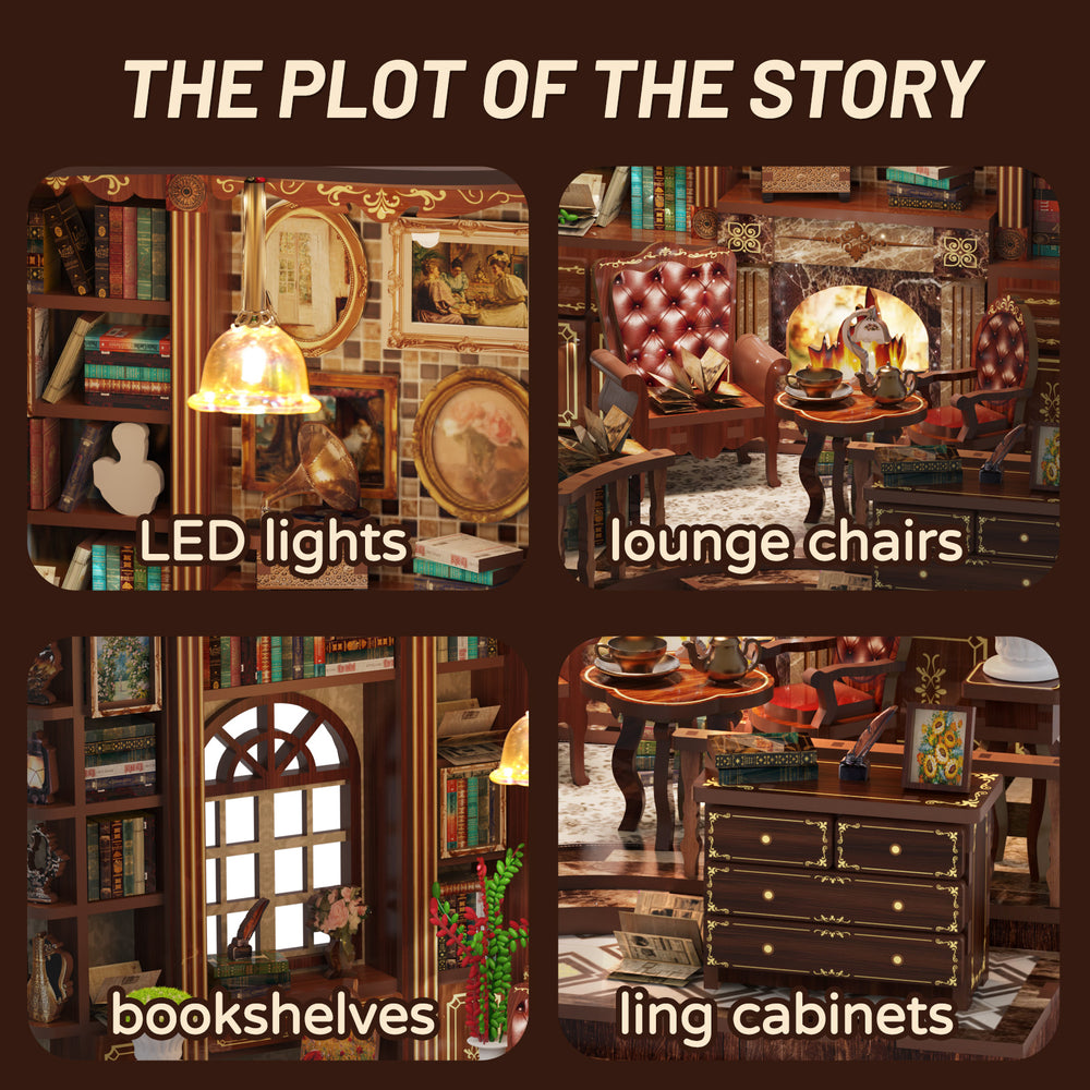 DIY mini house feature collage with LED lights, lounge chairs, bookshelves, and cabinet details