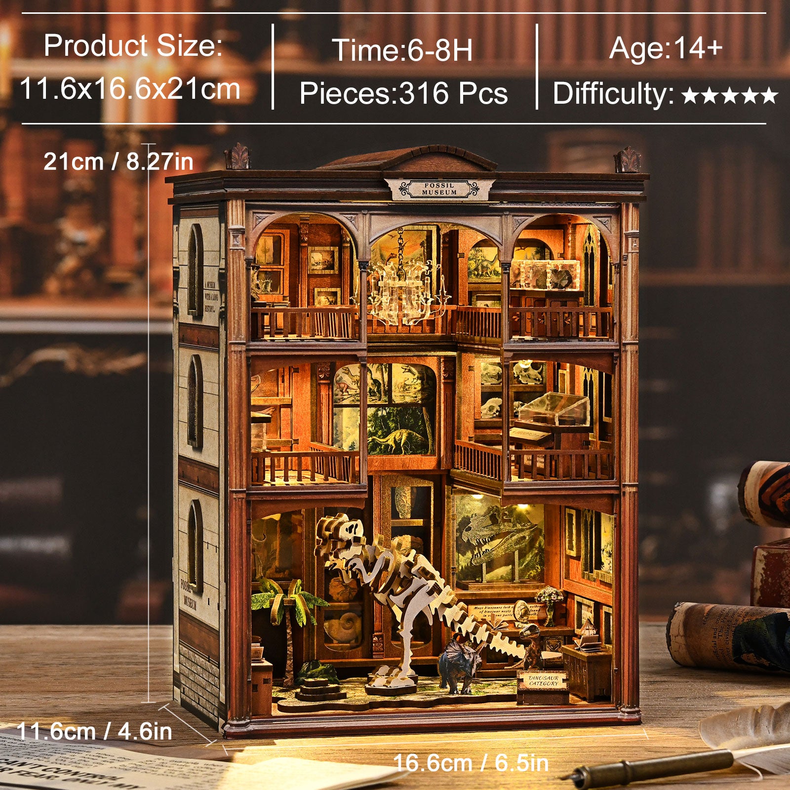DIY miniature kit building with dinosaur skeleton scene and open multi-level rooms