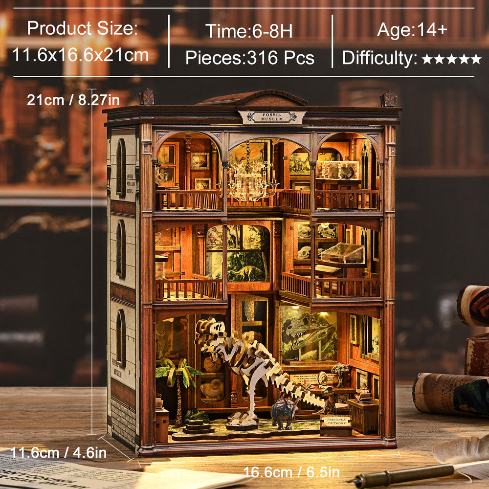 DIY miniature kit building with dinosaur skeleton scene and open multi-level rooms
