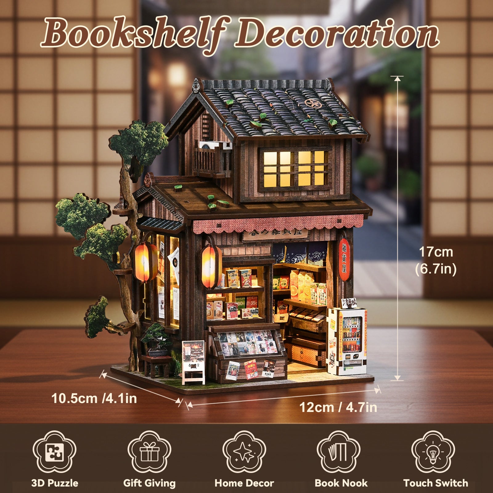 Miniature grocery store model with measurements shown: tiled roof, lit windows, and displays