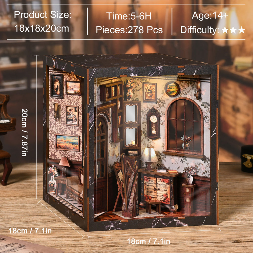 Miniature musical instrument display box with arched window and cabinet, front 3/4 view