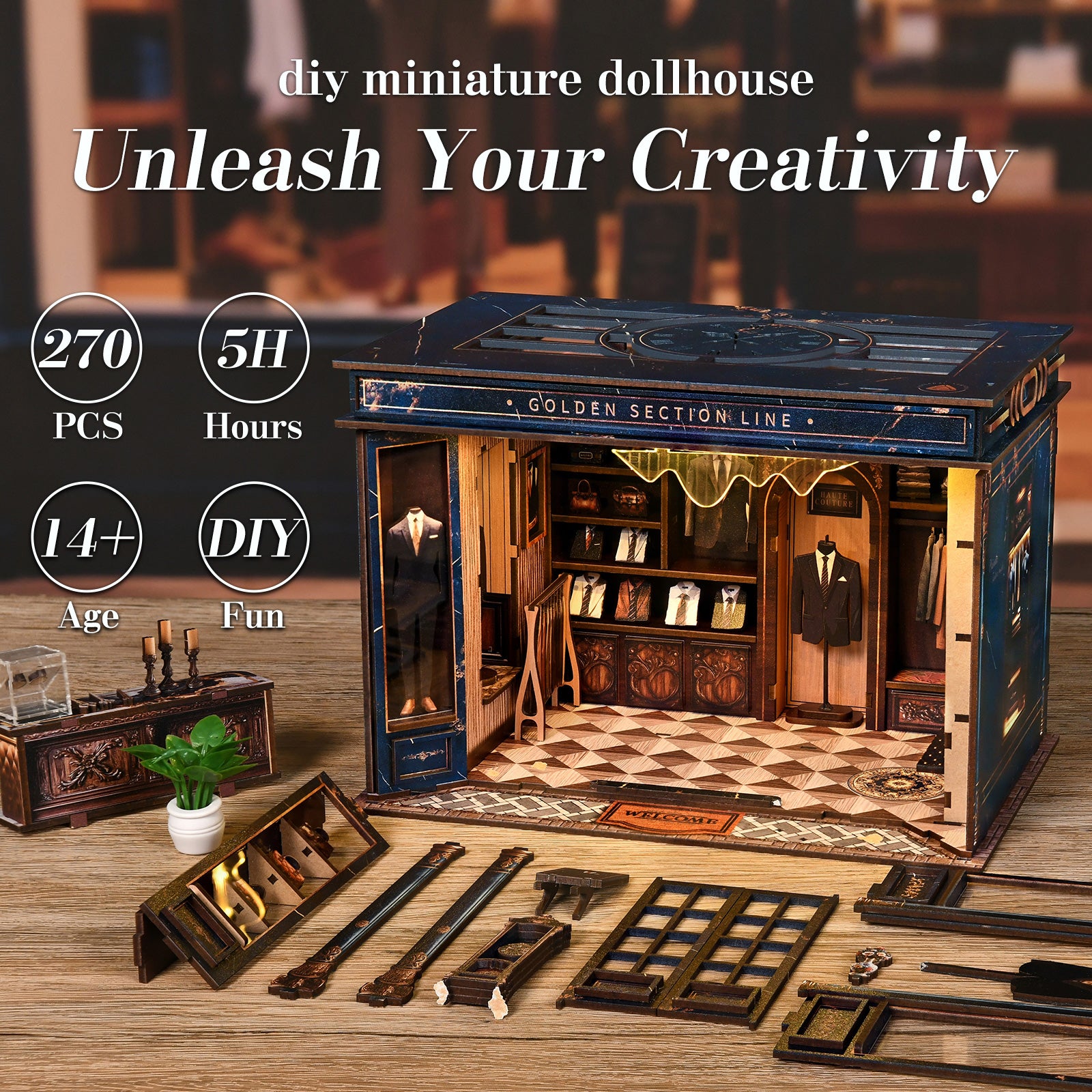 DIY miniature dollhouse kit with dark blue storefront and interior display pieces.